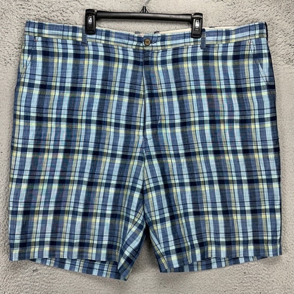 Tommy Bahama Linen Blend Shorts Mens 48L Long‎ Blue Yellow Plaid Casual Pockets - Picture 1 of 7